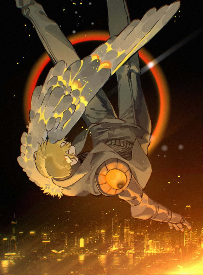 1boy, angel_wings, black_pants, black_suit, blonde_hair, dawn_office_(identity)_(project_moon), falling, feathered_wings