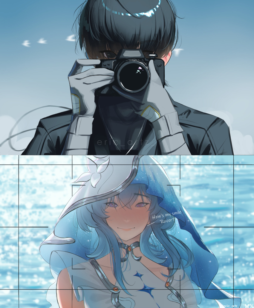1boy, 1girl, absurdres, black_hair, black_jacket, blue_hair, blue_veil, blush