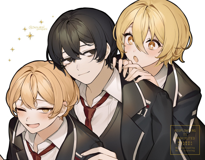 1girl, 2boys, black_eyes, black_hair, black_suit, black_vest, blonde_hair, blush