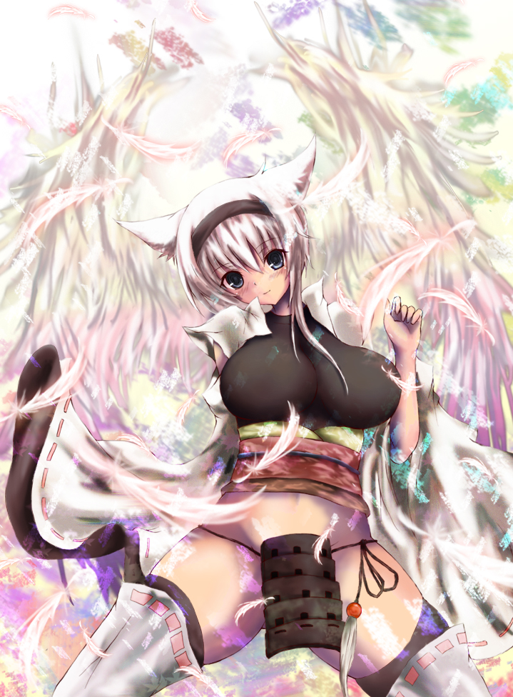 alternate_color, animal_ears, armor, bad_id, black_legwear, black_thighhighs, blue_eyes, breasts