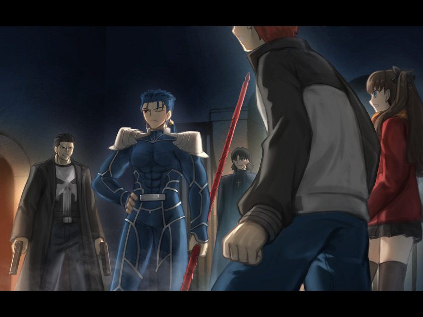 1girl, 4boys, armor, arms_behind_back, black_hair, black_thighhighs, blue_hair, bodysuit