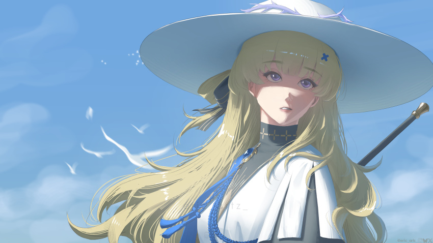 1girl, absurdres, bird, black_bow, black_collar, blonde_hair, blue_background, blue_gemstone
