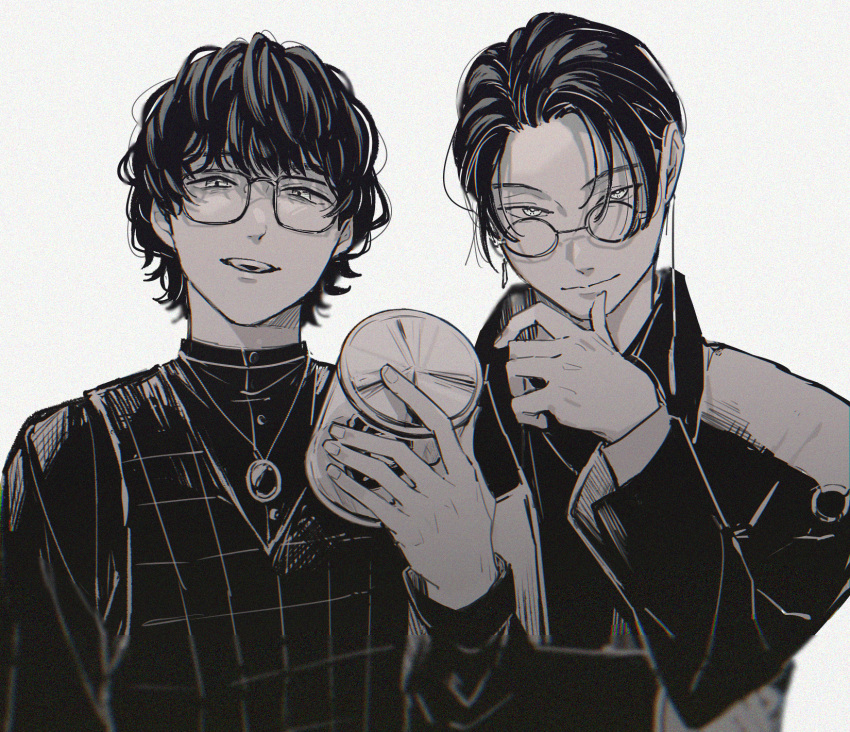 aam09212, glasses, highres, kamen_rider, kamen_rider_gavv_(series), long_sleeves, looking_at_viewer, male_focus, monochrome, nyelv_stomach, short_hair, simple_background, smile, suga_kenzo, upper_body