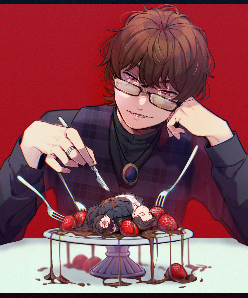 2boys, aam09212, brown_hair, chocolate, closed_eyes, food, fork, fruit