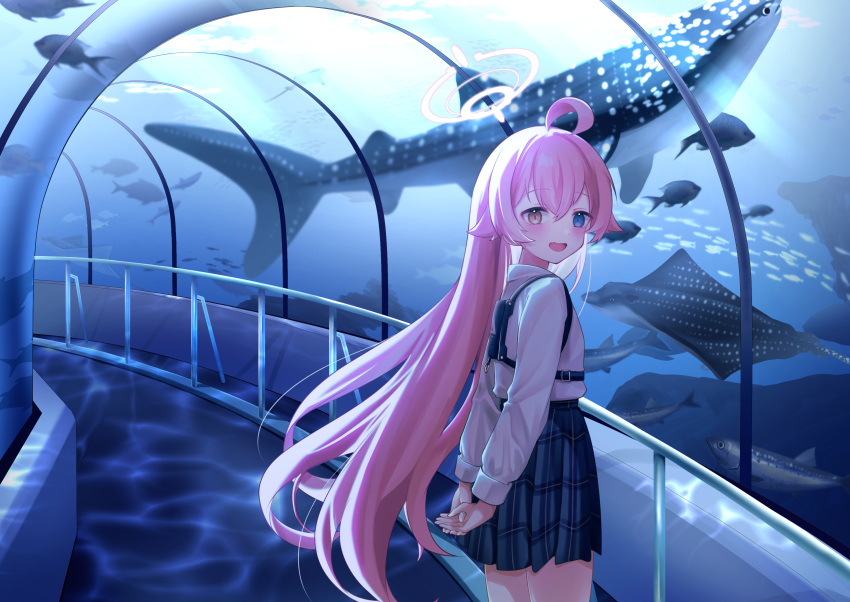 1girl, absurdres, ahoge, aquarium, aquarium_tunnel, arms_behind_back, black_skirt, blue_archive