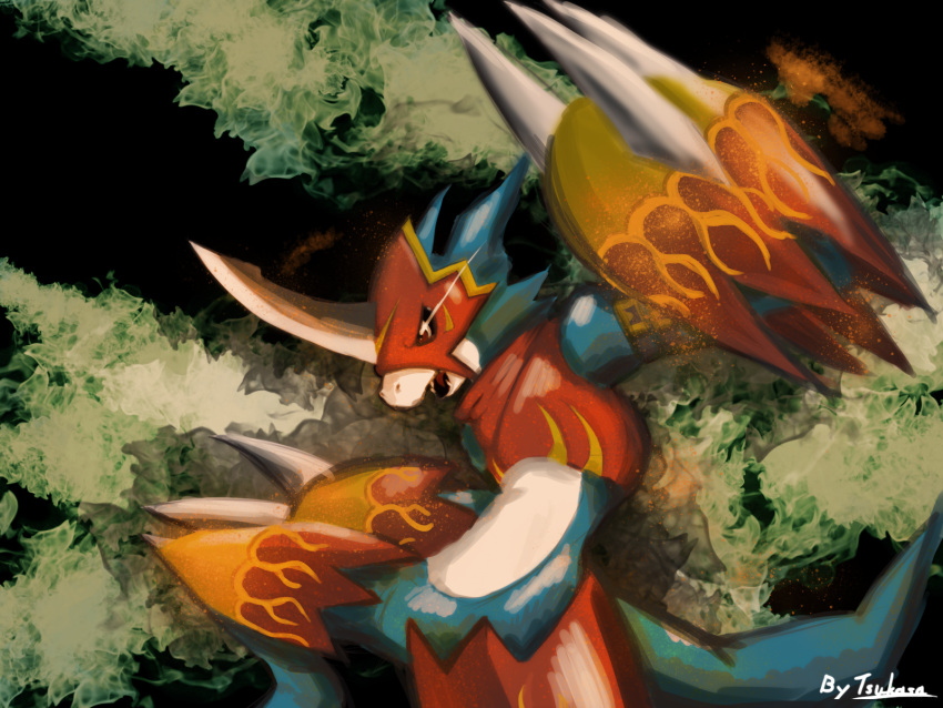 armor, artist_name, commentary_request, digimon, digimon_(creature), digimon_adventure_02, dragon, fladramon, helmet, highres, horns, no_humans, open_mouth, red_armor, red_eyes, red_helmet, signature, solo, tsukasa_(t82520016)