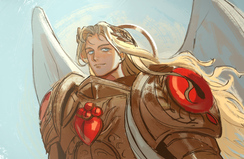 1boy, armor, blue_background, blue_eyes, closed_mouth, curtained_hair, english_commentary, gold_armor, highres, long_hair, looking_at_viewer, looking_to_the_side, male_focus, nose, olivetart, pauldrons, red_eyes, red_trim, sanguinius, shoulder_armor, very_long_hair, warhammer_40k, white_wings, wings