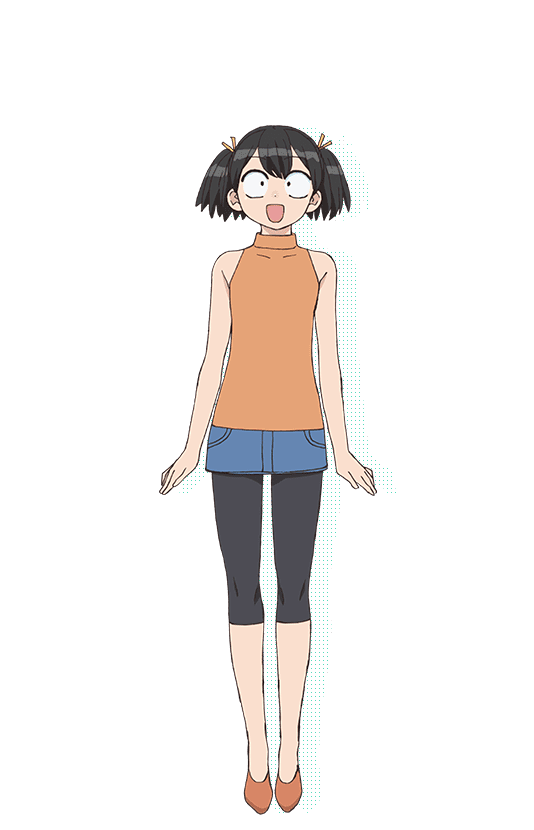 1girl, :d, arms_at_sides, black_eyes, black_hair, black_pants, blue_sky, drop_shadow
