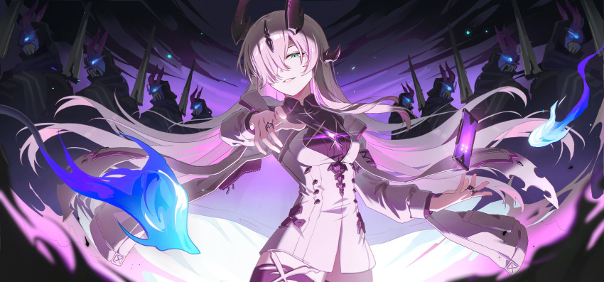 1girl, arknights, breasts, dragon_girl, dragon_horns, enoharatoki, grey_eyes, grey_hair