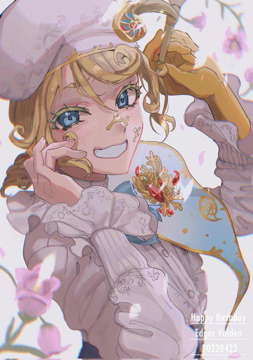 1boy, androgynous, beret, blonde_hair, blush, center_frills, edgar_valden, edgar_valden_(golden_ratio)