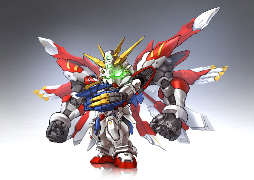 absurdres, chibi, extra_arms, g_gundam, glowing, glowing_eyes, god_gundam_ii, gradient_background