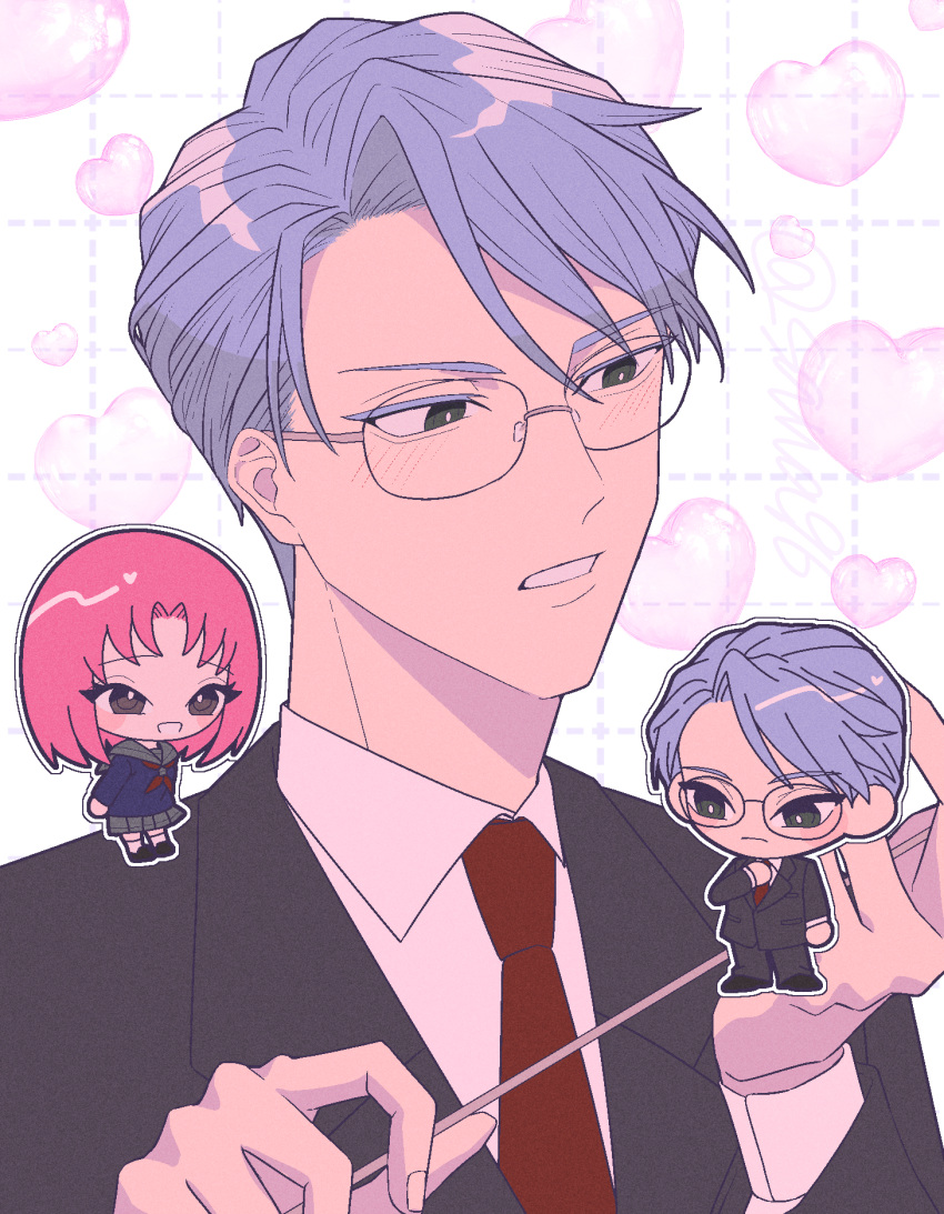 1boy, 1girl, black_eyes, black_pants, black_shoes, black_suit, chibi, conductor_baton, glasses, grey_hair, habataki_academy_school_uniform, heart, highres, himuro_reiichi, holding_baton, necktie, pants, pink_hair, protagonist_(tokimemo_gs), red_necktie, school_uniform, shoes, short_hair, suit, swkr_3196_(sawa96), tokimeki_memorial, tokimeki_memorial_girl's_side, tokimeki_memorial_girl's_side_1st_love, twitter_username, upper_body
