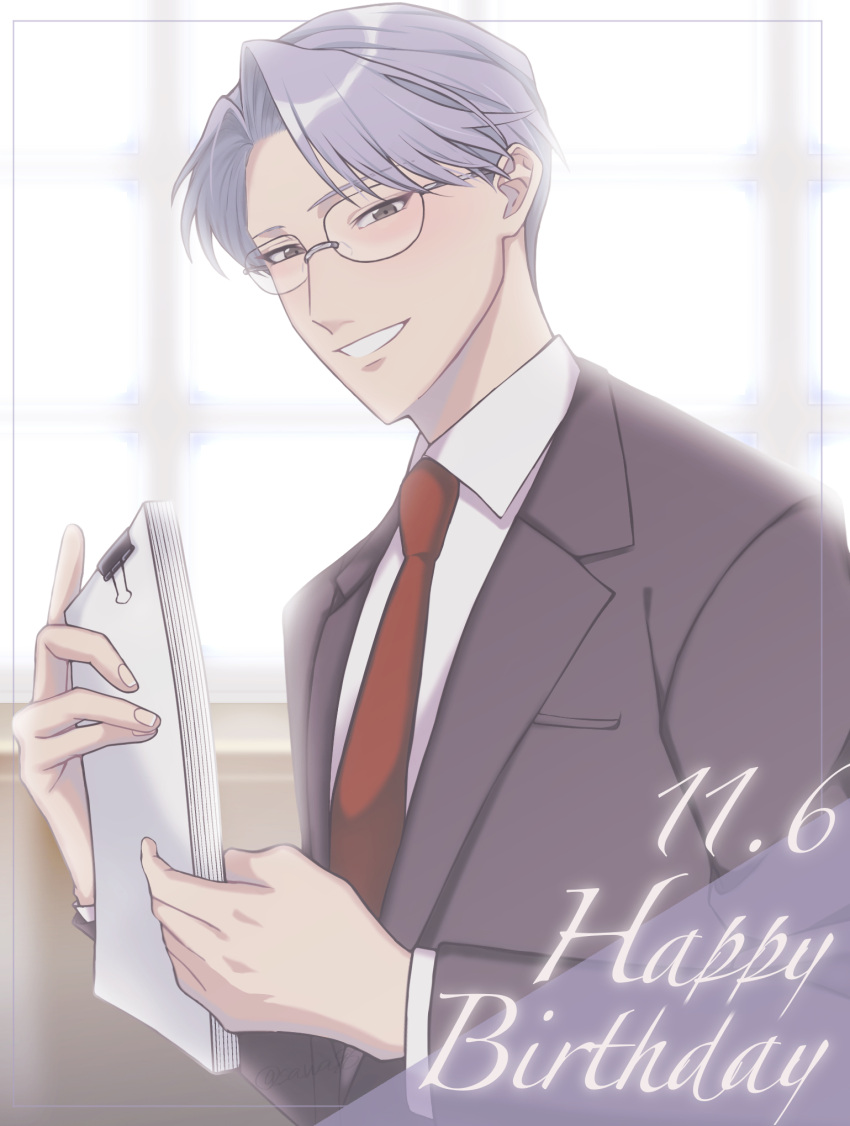 1boy, binder_clip, dated, day, glasses, grey_eyes, grey_hair, happy_birthday