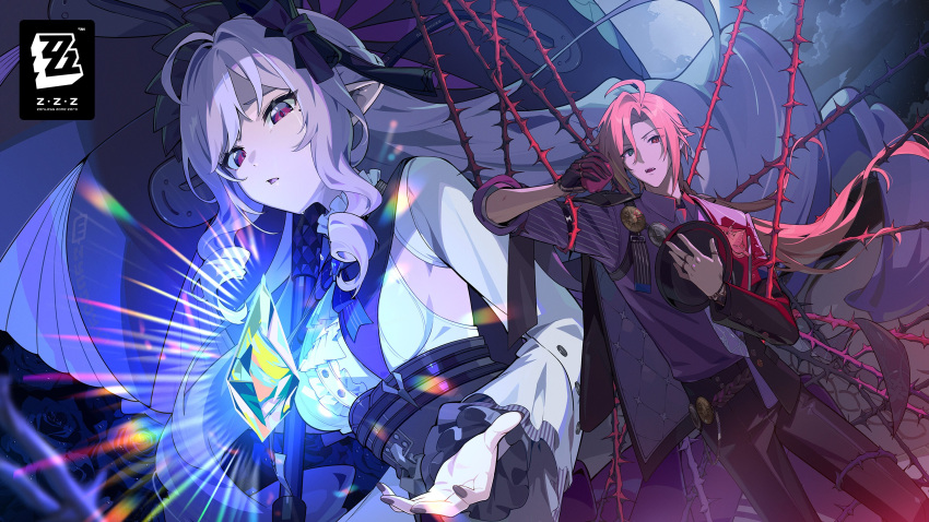 1boy, 1girl, absurdres, black_gloves, black_pants, blonde_hair, breasts, english_commentary, gloves, highres, holding, holding_umbrella, hugo_vlad, looking_at_viewer, medium_breasts, multicolored_eyes, necktie, official_art, open_mouth, pants, purple_hair, purple_necktie, purple_shirt, red_eyes, shirt, umbrella, vivian_(zenless_zone_zero), yellow_eyes, zenless_zone_zero