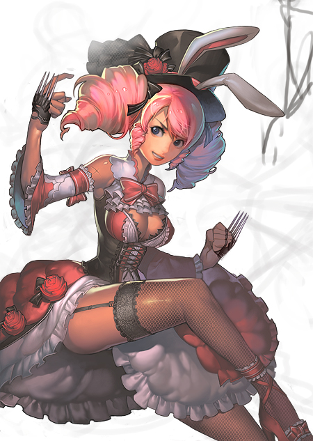 bad_id, breasts, bunny_ears, bustier, character_request, claw_(weapon), cleavage, copyright_request, detached_sleeves, dress, drill_hair, fishnet_legwear, fishnet_stockings, fishnets, frilled_legwear, frilled_thighhighs, frills, garter_straps, garters, hat, lace, lace-trimmed_thighhighs, latale, legs, legwear, lingerie, pink_hair, repi987, solo, stallion_(ioioioi2), thigh-highs, thighhighs, thighs, top_hat, twin_drills, underwear