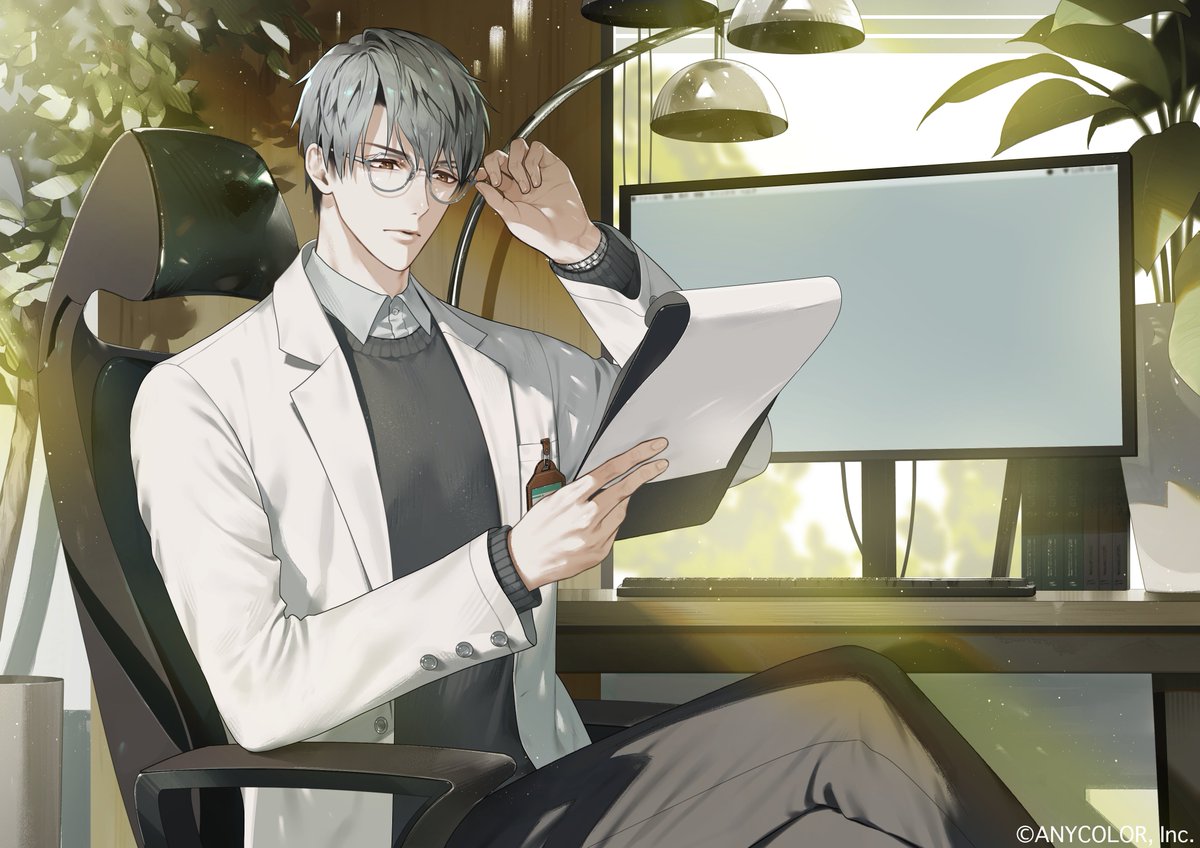 1boy, adjusting_eyewear, black_pants, bloom, book, breast_pocket, brown_eyes, chair, clipboard, closed_mouth, coat, collared_shirt, commentary_request, company_name, computer, computer_keyboard, copyright_notice, crossed_legs, desk, floor_lamp, flower_pot, glasses, grey-framed_eyewear, grey_hair, grey_sweater, hair_between_eyes, hands_up, hitotsubashi_ayato, holding, holding_clipboard, id_card, indoors, lab_coat, lamp, lapels, light_particles, long_sleeves, male_focus, monitor, nijisanji, official_art, on_chair, open_clothes, open_coat, pants, paper, plant, pocket, potted_plant, second-party_source, semi_(p-poco), shirt, short_hair, sitting, solo, sweater, swivel_chair, table, virtual_youtuber, white_coat, white_shirt, window, window_blinds, wing_collar