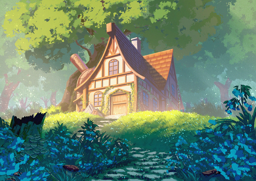 banjie, blue_flower, chimney, chinese_commentary, commentary_request, day, door, flower