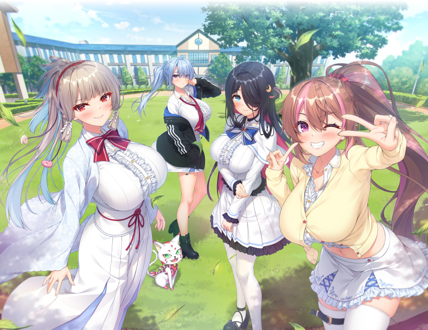 4girls, amatohara_hitomi, belt, black_hair, black_jacket, blue_eyes, blue_hair, blush