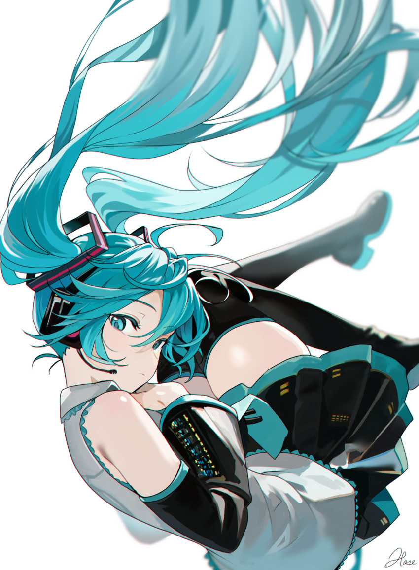 1girl, black_shoes, black_skirt, black_sleeves, black_thighhighs, blue_eyes, blue_hair, blue_shoes
