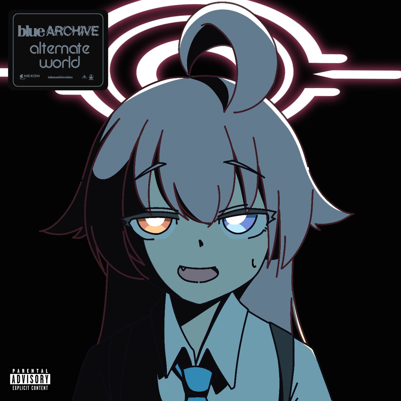 1girl, ahoge, album_cover_redraw, blue_archive, blue_eyes, dawn_fm_(the_weeknd), derivative_work, fang