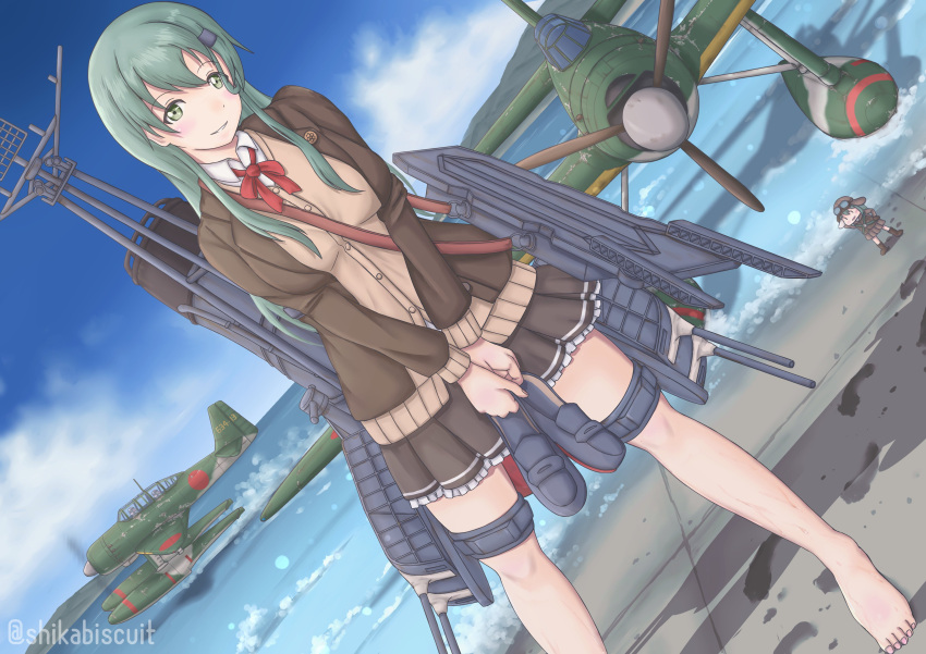 1girl, absurdres, adapted_turret, aichi_e13a, aircraft, aircraft_catapult, airplane, aqua_eyes