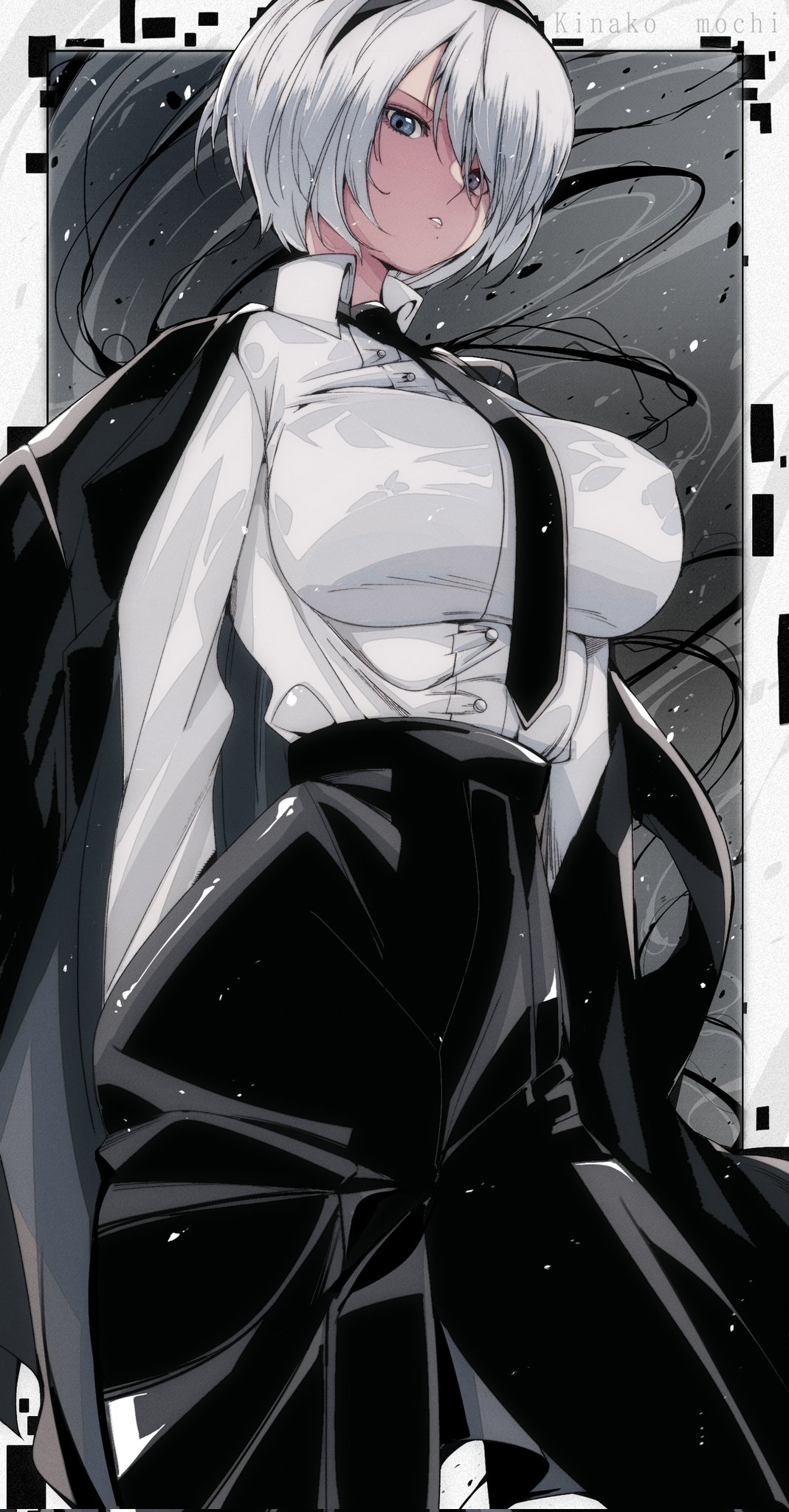 1girl, 2b_(nier:automata), artist_name, black_hairband, black_jacket, black_necktie, black_pants, blue_eyes