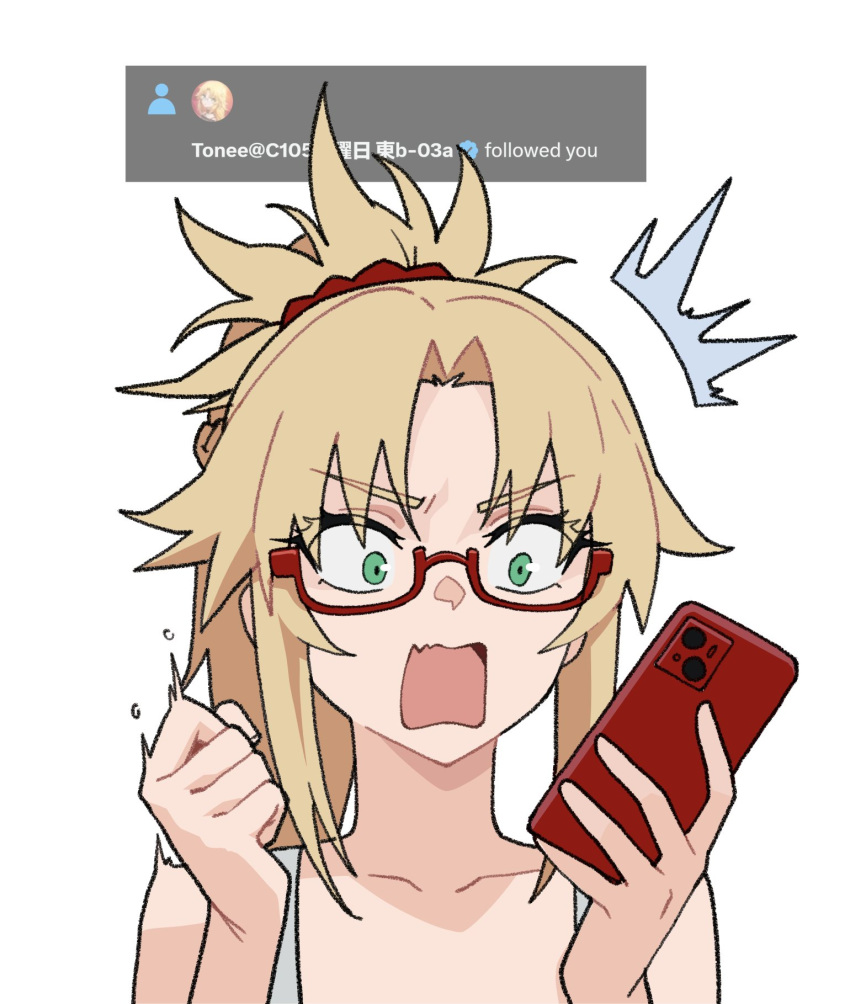 1girl, bespectacled, blonde_hair, cellphone, collarbone, commentary, english_commentary, fate/grand_order