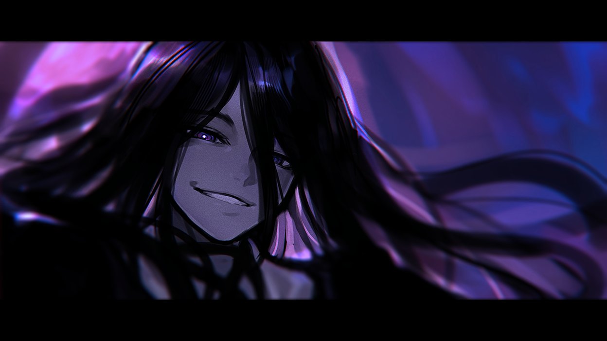 1girl, black_dress, black_hair, dress, eris_illmater, evil_smile, letterboxed, long_hair