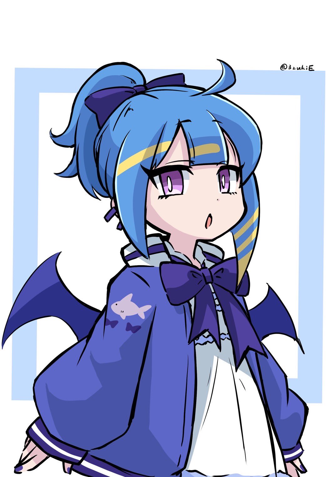 1girl, 3zukie, blonde_hair, blue_hair, blue_jacket, cowboy_shot, dress, duel_monster, high_ponytail, highres, jacket, lil-la_(yu-gi-oh!), live_twin_lil-la, multicolored_hair, ponytail, simple_background, solo, streaked_hair, twitter_username, two-tone_hair, violet_eyes, white_background, white_dress, yu-gi-oh!