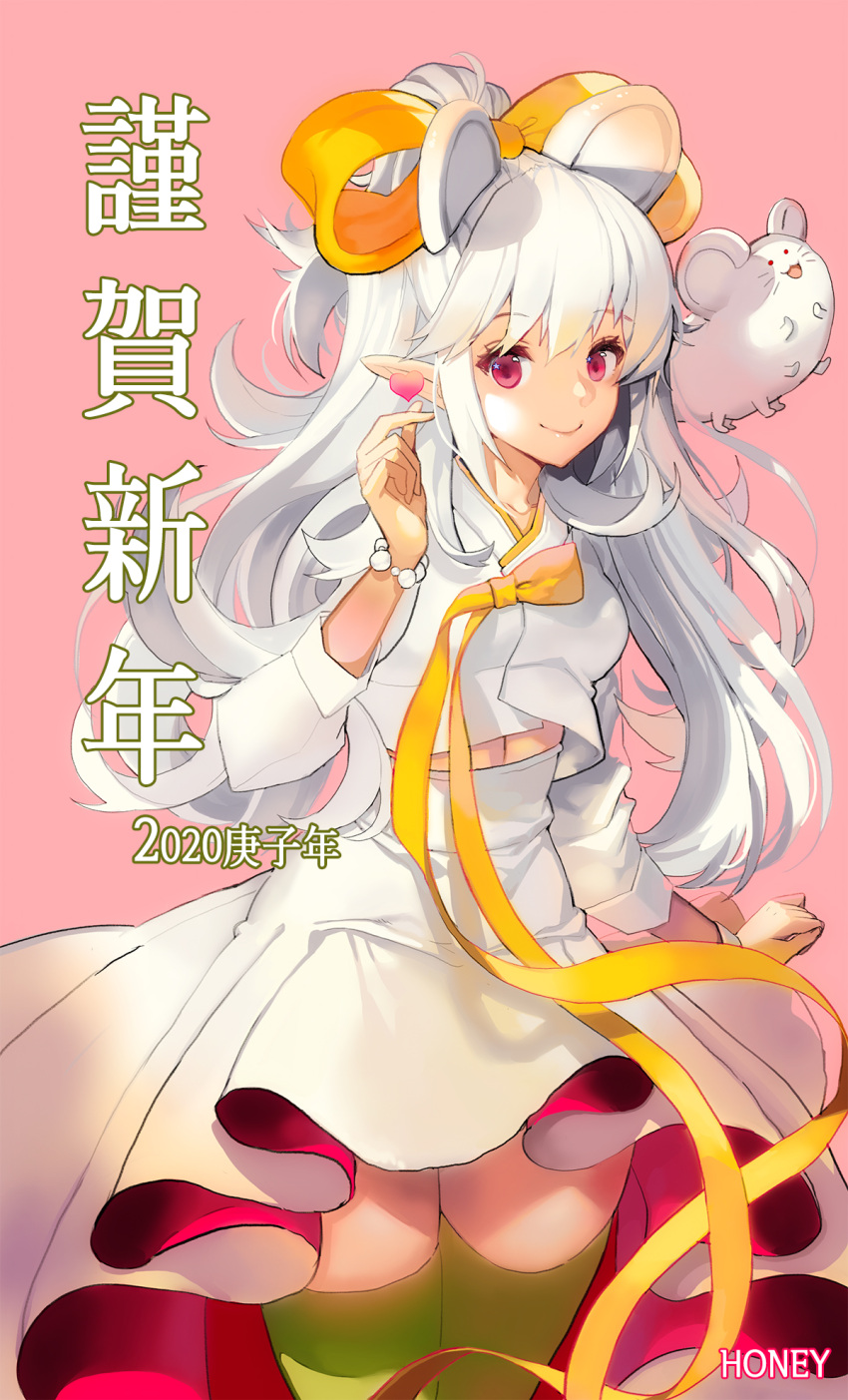 1girl, animal_ears, fake_animal_ears, green_thighhighs, hanbok, happy_new_year, highres, honey_(ssutyx)