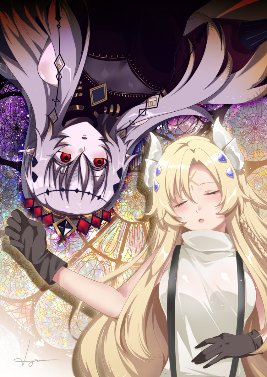 2girls, absurdres, blazing_cartesia_the_virtuous, blonde_hair, braid, breasts, cleavage_cutout, clothing_cutout