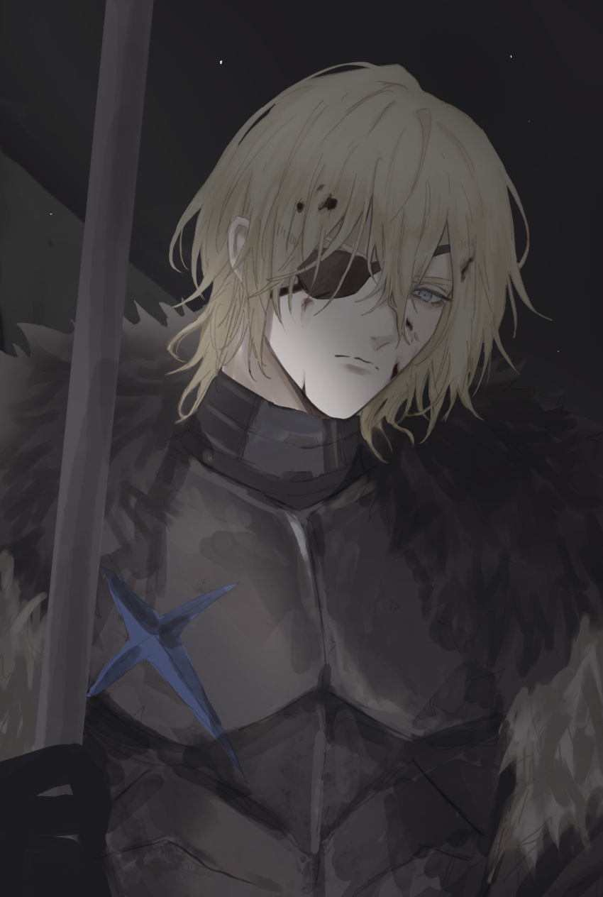 1boy, absurdres, armor, black_armor, black_fur, black_gloves, blonde_hair, blood