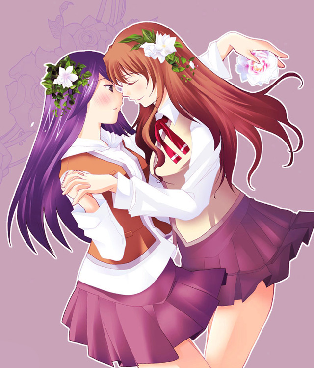 blush, brown_hair, closed_eyes, flower, fujino_shizuru, hair_flower, hair_ornament, hand_holding