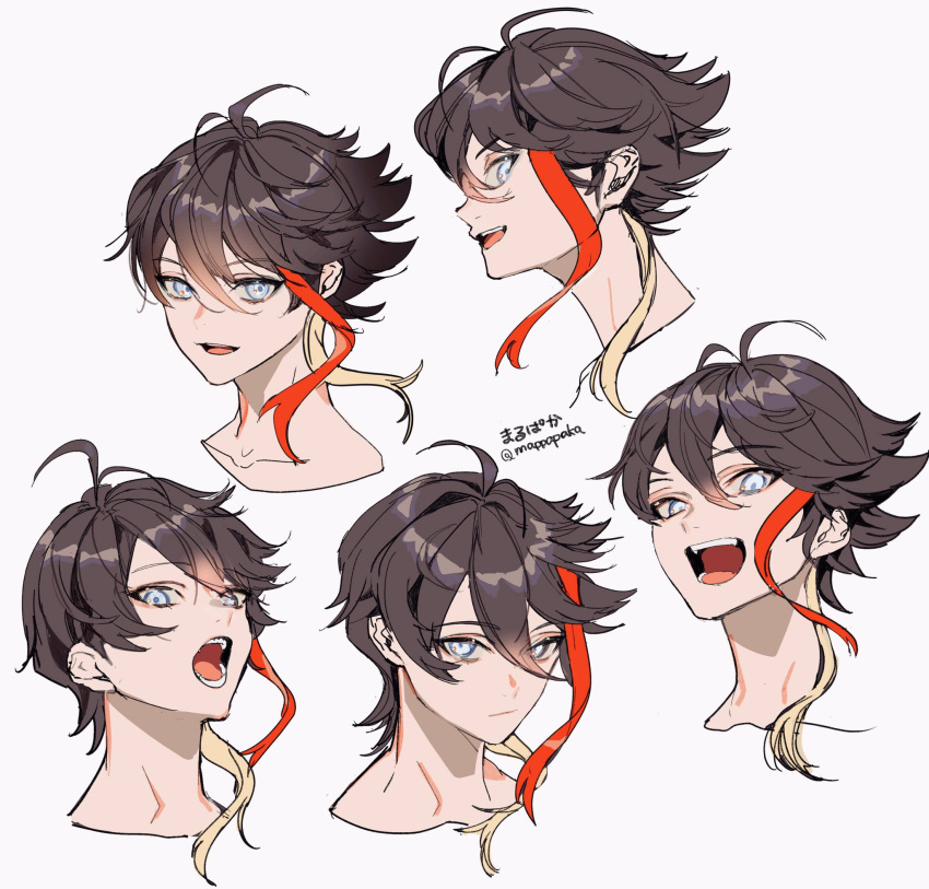 1boy, blonde_hair, blue_eyes, brown_hair, closed_mouth, collarbone, commentary_request, cropped_shoulders