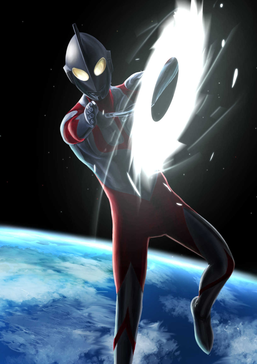 1boy, alien, atmospheric_layer, attack_trail, colored_skin, commentary, compound_eyes, dorsal_fin, earth_(planet), energy, energy_disk, foot_out_of_frame, gattyo, glowing, glowing_eyes, highres, light_particles, looking_at_viewer, male_focus, midair, multicolored_skin, outstretched_arm, pectorals, planet, red_skin, shin_ultraman, silver_skin, solo, space, star_(sky), tokusatsu, ultra_series, ultra_slash, ultraman, ultraman_(shin), yellow_eyes