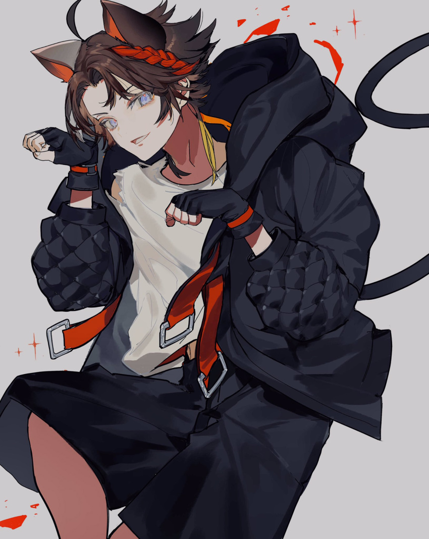 1boy, animal_ears, belt, black_gloves, black_jacket, black_shorts, blonde_hair, blue_eyes, braid, brown_hair, cat_ears, cat_tail, commentary_request, crew_neck, curled_fingers, curtained_hair, feet_out_of_frame, gloves, grey_background, highres, hood, hood_down, hooded_jacket, jacket, kemonomimi_mode, long_sleeves, looking_to_the_side, male_focus, mappapaka, multicolored_hair, nijisanji, open_clothes, open_jacket, paw_pose, red_belt, red_hair, saegusa_akina, saegusa_akina_(1st_costume), shirt, short_hair, shorts, sideways_glance, smile, solo, t-shirt, tail, teeth, virtual_youtuber, white_shirt, wrist_belt
