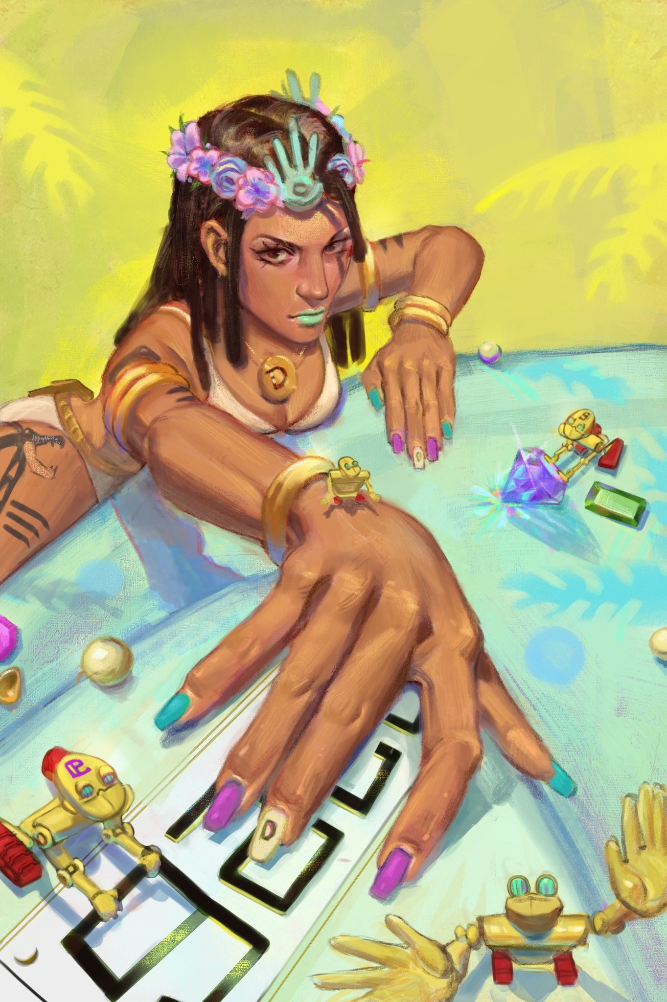 1girl, 5others, aqua_nails, bikini, bracelet, brown_hair, dark-skinned_female, dark_skin