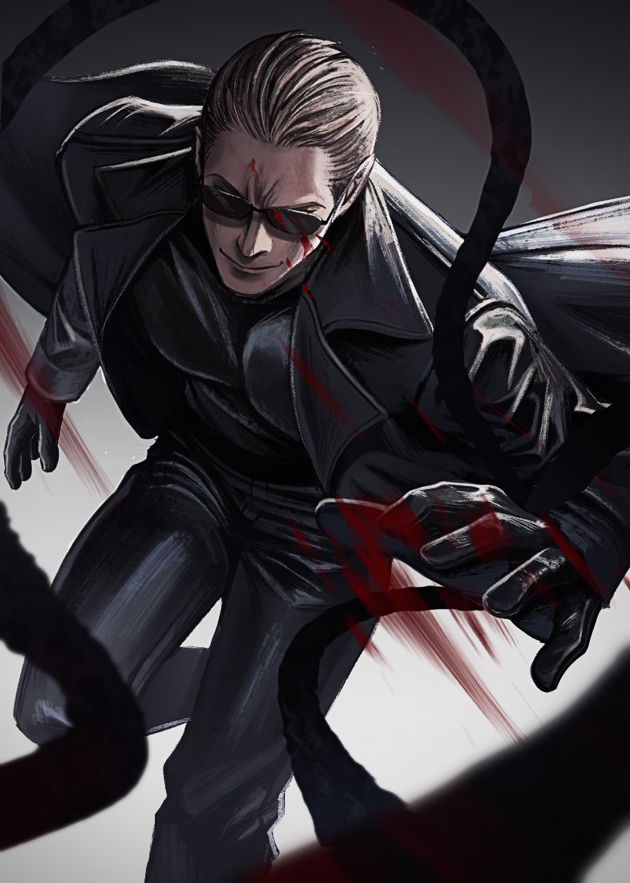 1boy, albert_wesker, black-framed_eyewear, black_coat, black_gloves, black_pants, black_shirt, blonde_hair, blood, blood_spray, closed_mouth, coat, english_commentary, feet_out_of_frame, floating_clothes, from_above, gloves, hair_slicked_back, highres, itsiitsubox, knee_up, lapels, long_sleeves, male_focus, monochrome_background, notched_lapels, outstretched_hand, pants, pectorals, resident_evil, shirt, short_hair, smile, solo, sunglasses, tendril, tight_clothes, tight_shirt