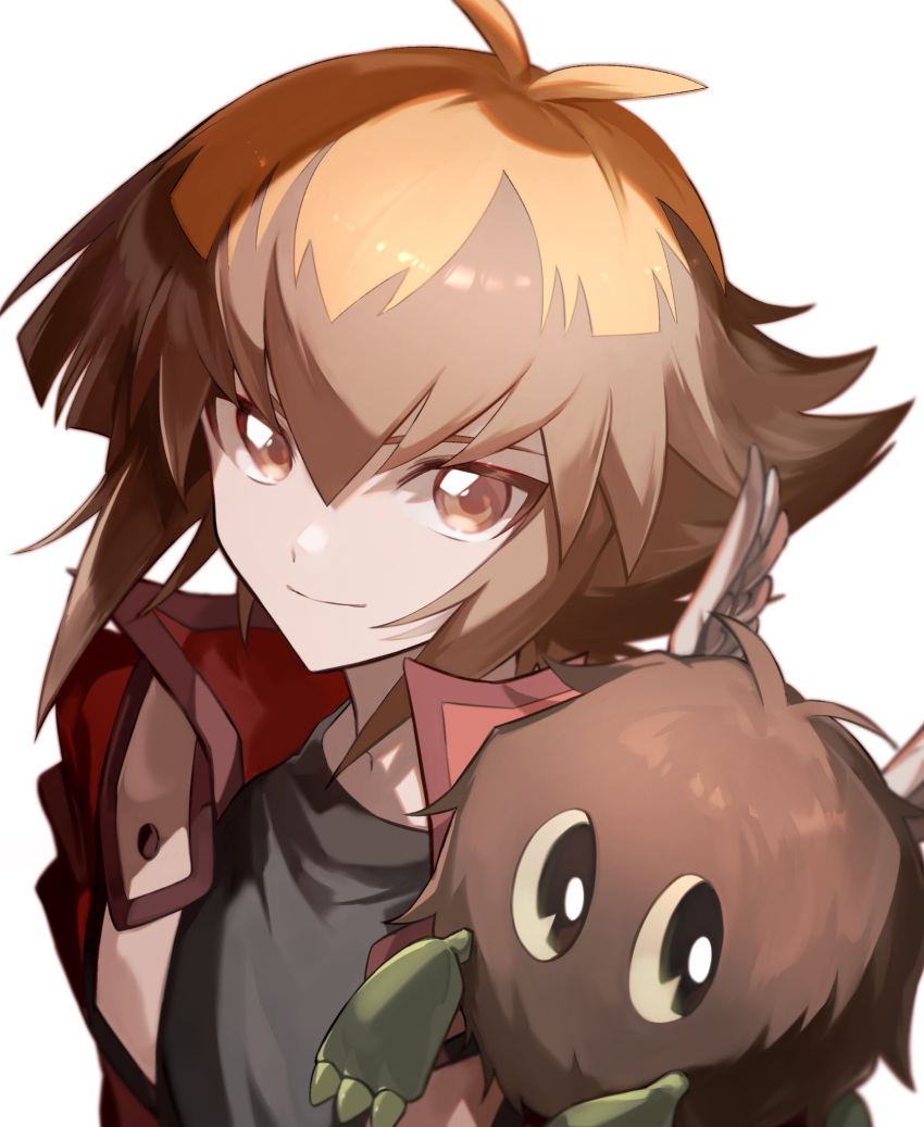 1boy, black_shirt, body_fur, brown_eyes, brown_fur, brown_hair, duel_academy_uniform_(yu-gi-oh!_gx), duel_monster