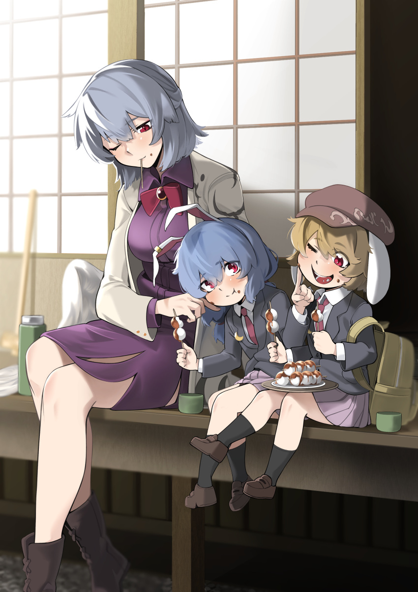 3girls, absurdres, animal_ears, backpack, bag, black_jacket, black_socks, blon