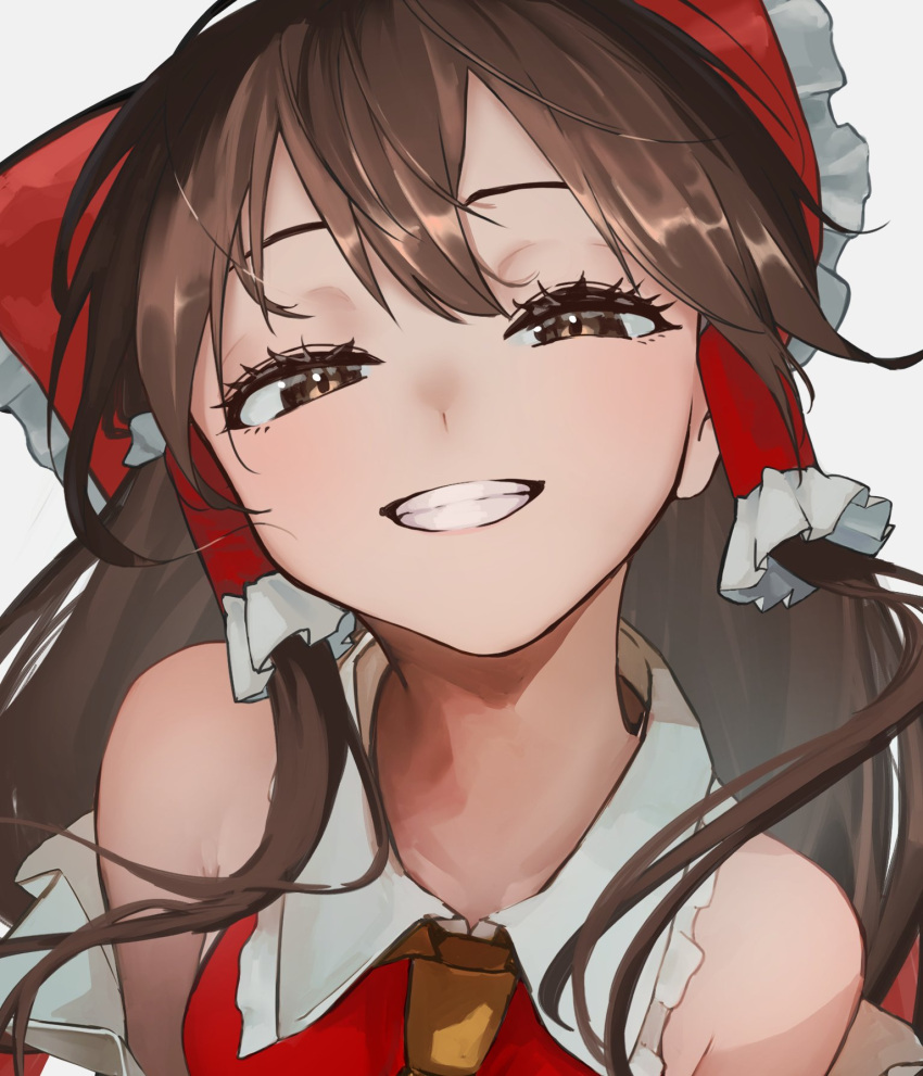1girl, bare_shoulders, bow, brown_eyes, brown_hair, dedemaru, detached_sleeves, grin, hair_between_eyes, hair_tubes, hakurei_reimu, highres, long_hair, looking_at_viewer, neckerchief, red_bow, red_shirt, shirt, smile, solo, teeth, touhou, upper_body, white_background, yellow_neckerchief