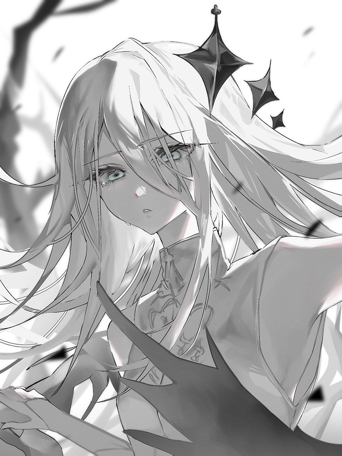 1girl, animal_skeleton, arm_at_side, armpits, bare_shoulders, black_halo, black_wings, bloom_festival_(project_sekai)