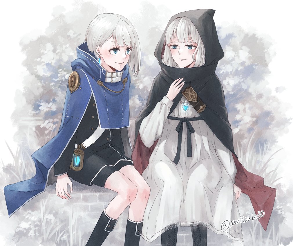 2girls, bike_shorts, black_cloak, black_jacket, blue_cloak, blue_eyes, boots, cloak