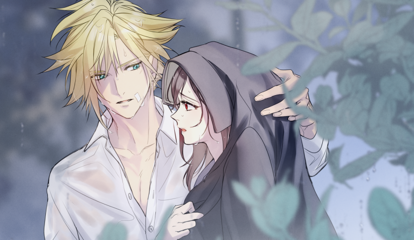 1boy, 1girl, bandaid, bandaid_on_cheek, bandaid_on_face, black_hair, black_jacket, blonde_hair