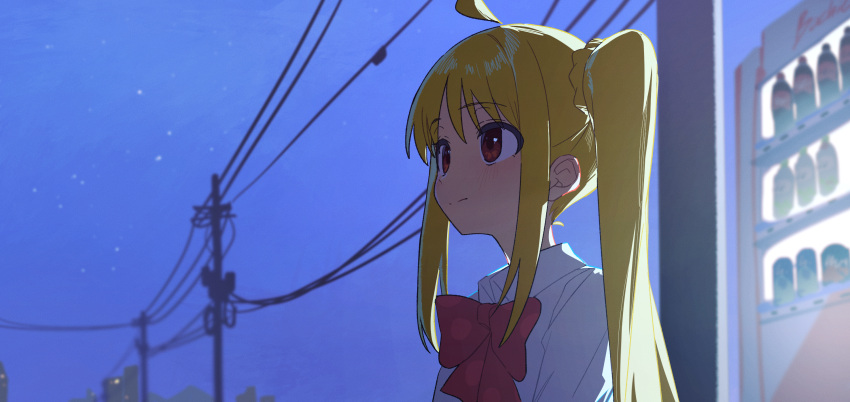 1girl, ahoge, blonde_hair, blush, bocchi_the_rock!, bongnom, bow, bowtie