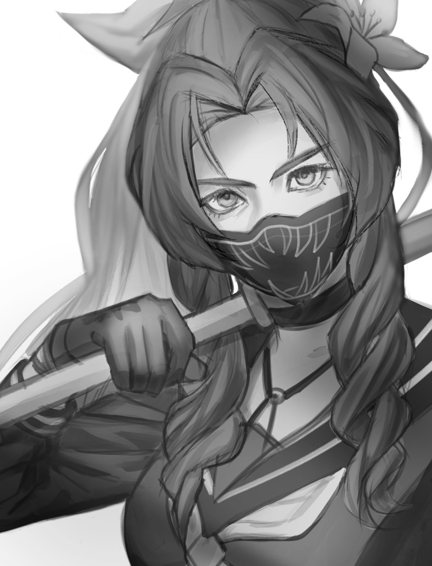 1girl, aerith_gainsborough, aerith_gainsborough_(midgard_seventh_high_school), black_choker, black_gloves, black_mask, black_sailor_collar, black_shirt