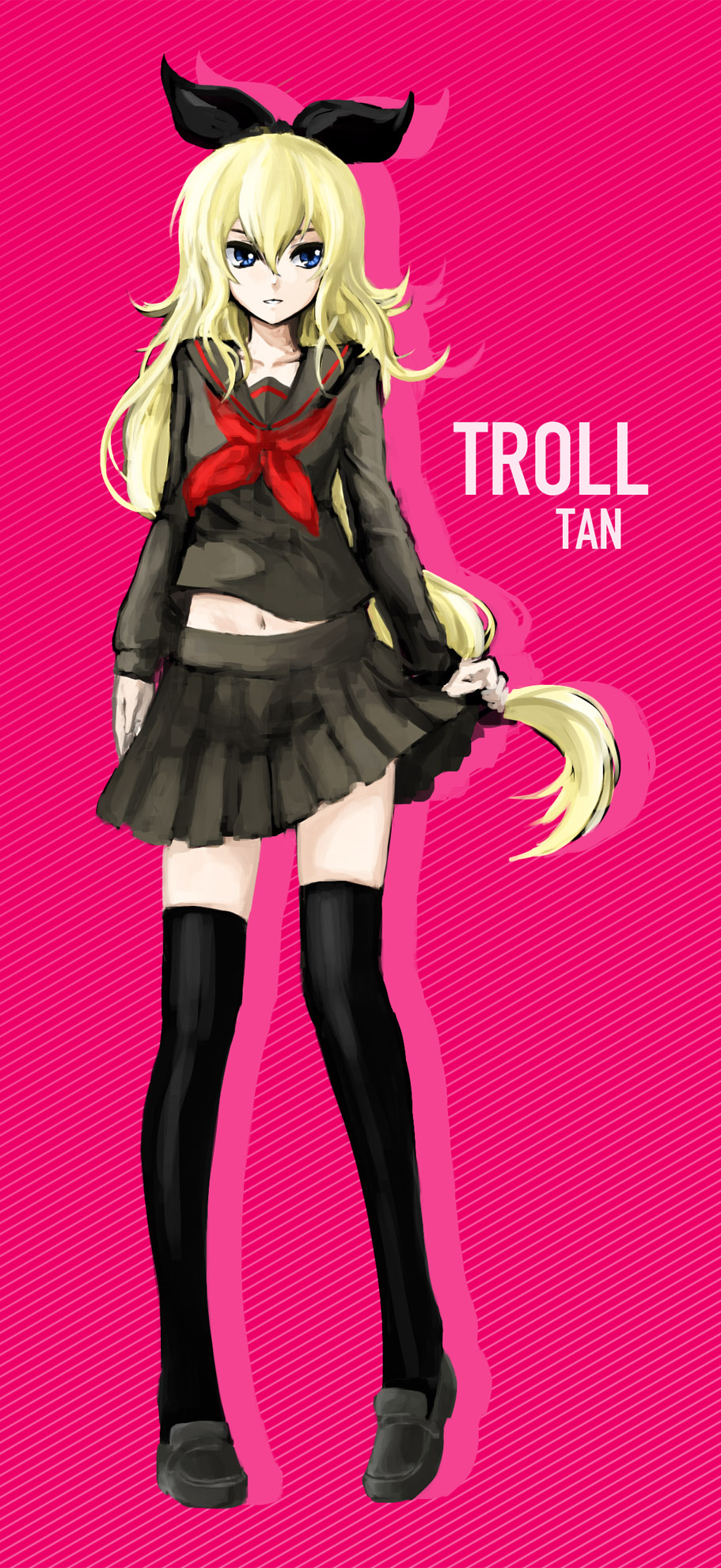 4chan, blonde_hair, blue_eyes, bow, commentary, drawfag, hair_bow, highres, kowai_tsuriko, long_hair, low-tied_long_hair, navel, original, pas_(paxiti), school_uniform, serafuku, solo, the_great_troll-sama, thigh-highs, thighhighs, troll-tan, zange_(artist), zettai_ryouiki