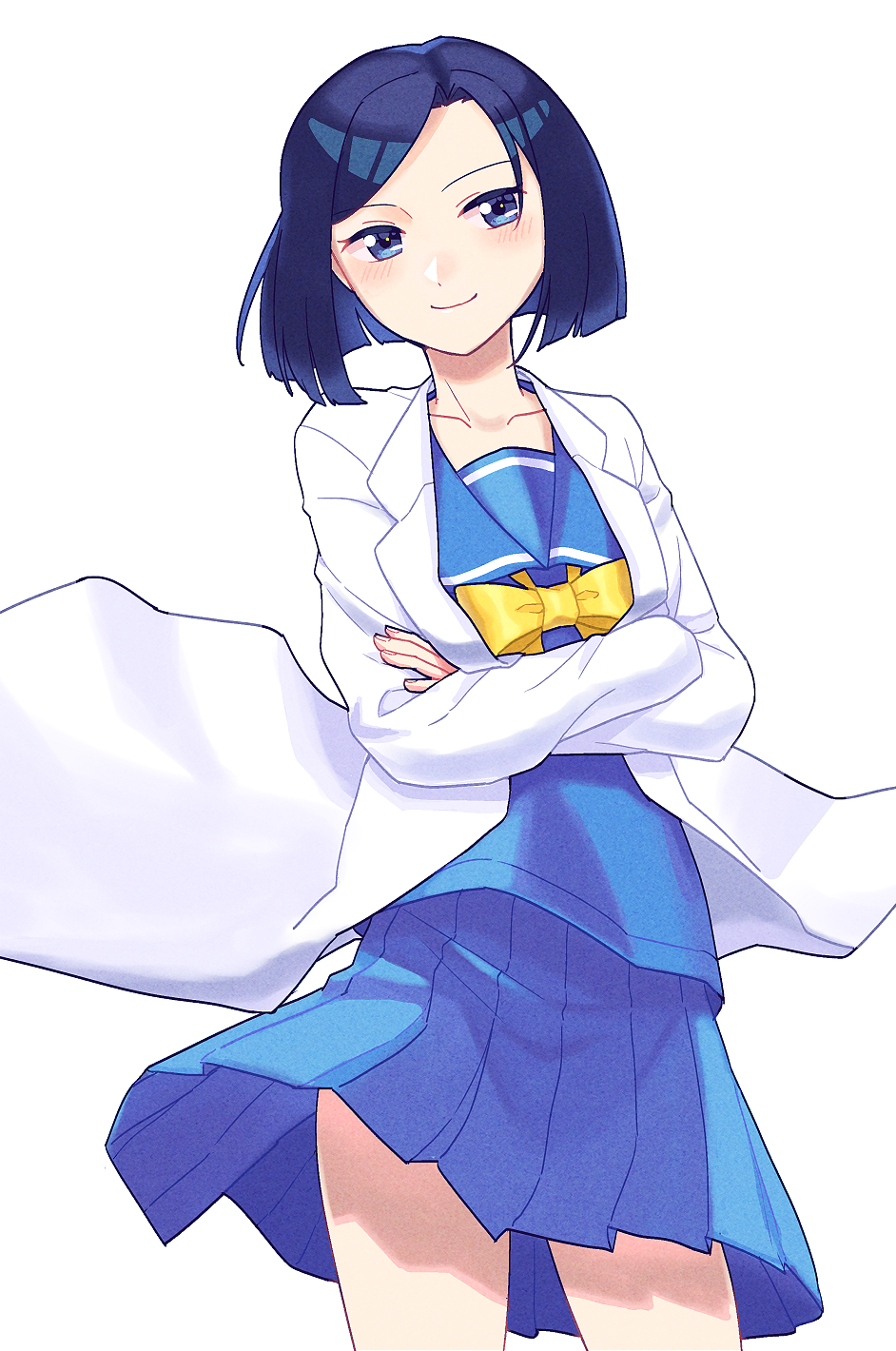 1girl, blue_eyes, blue_shirt, blue_skirt, blush, bow, crossed_arms, highres, kirameki_high_school_uniform, kooriyama_aki, lab_coat, rato_(pixiv84490848), school_uniform, shirt, short_hair, simple_background, skirt, smile, solo, standing, tokimeki_memorial, tokimeki_memorial_4, white_background, yellow_bow