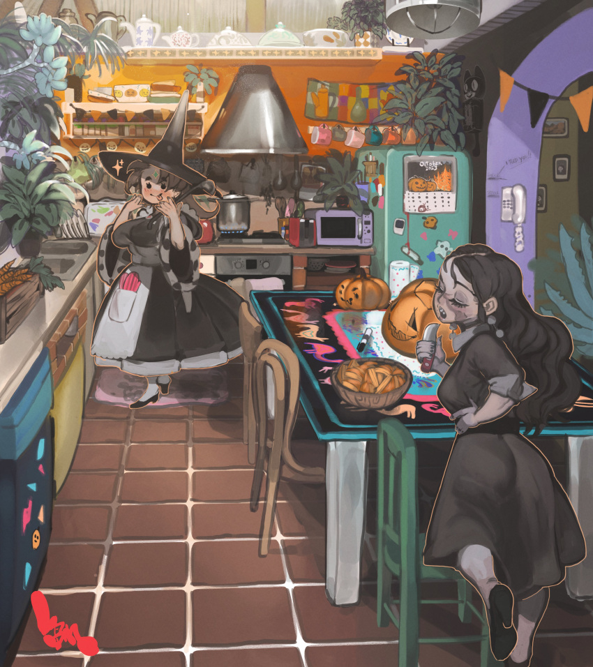 2girls, absurdres, apron, ass, black_dress, black_hair, black_hat, black_nails