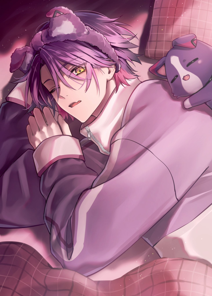 1boy, animal_ear_hairband, animal_ears, arm_up, closed_eyes, commentary, fake_animal_ears, hairband